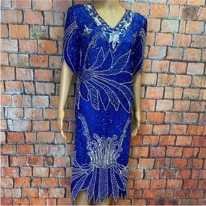 Linsiano Vintage 80’s Blue and Silver Beaded Embellished Silk Skirt Set